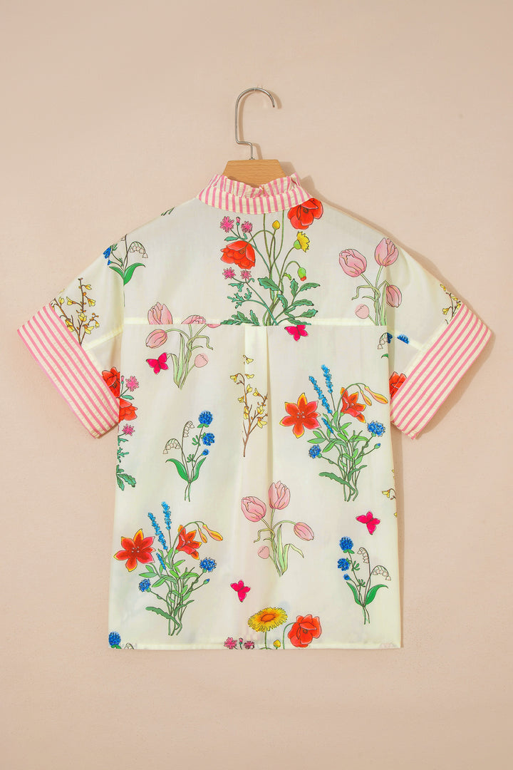 Beige Floral Striped Patchwork Ruffled Collar Short Sleeve Shirt