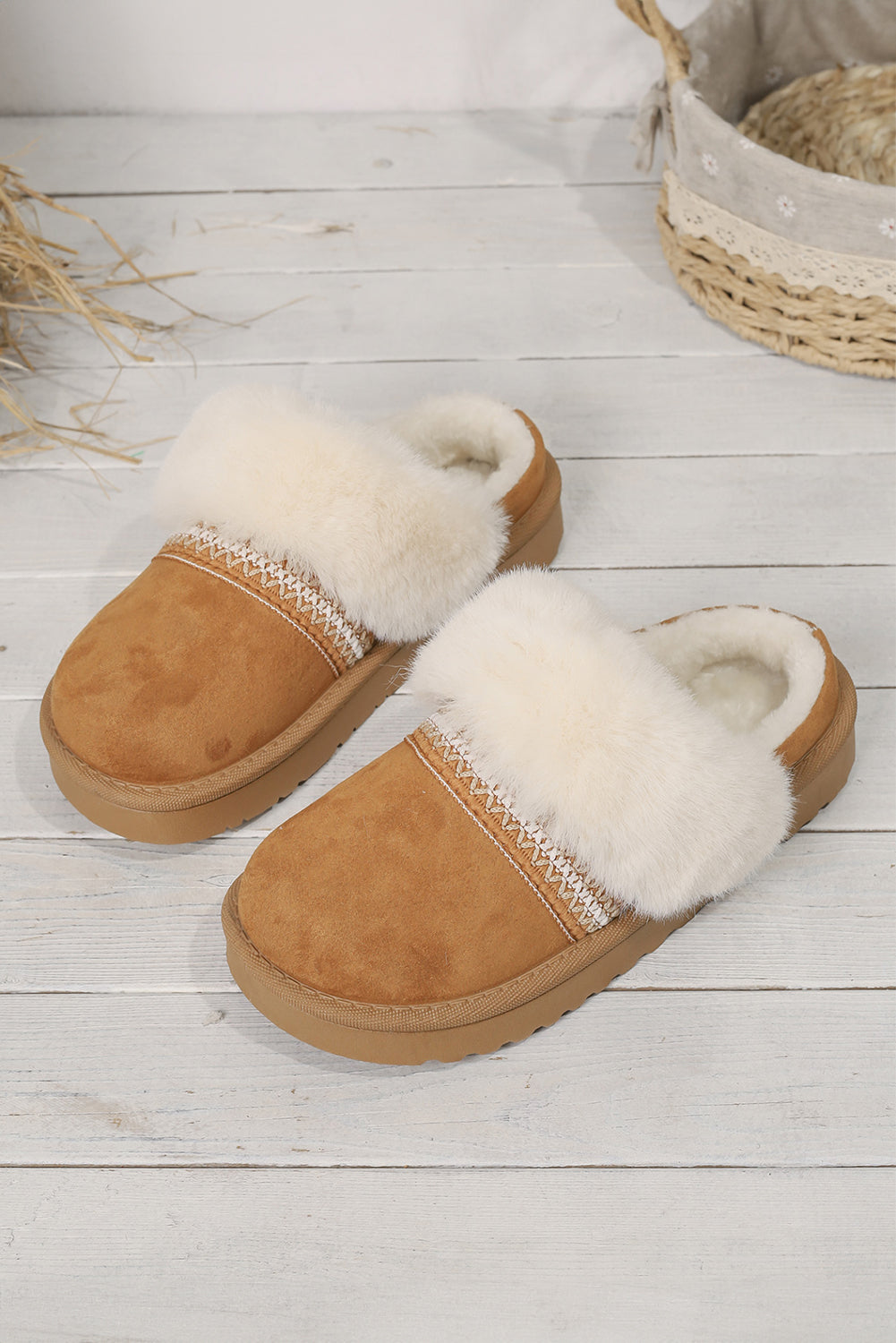 Faux Suede Plush Trim Ethnic Mule Slippers