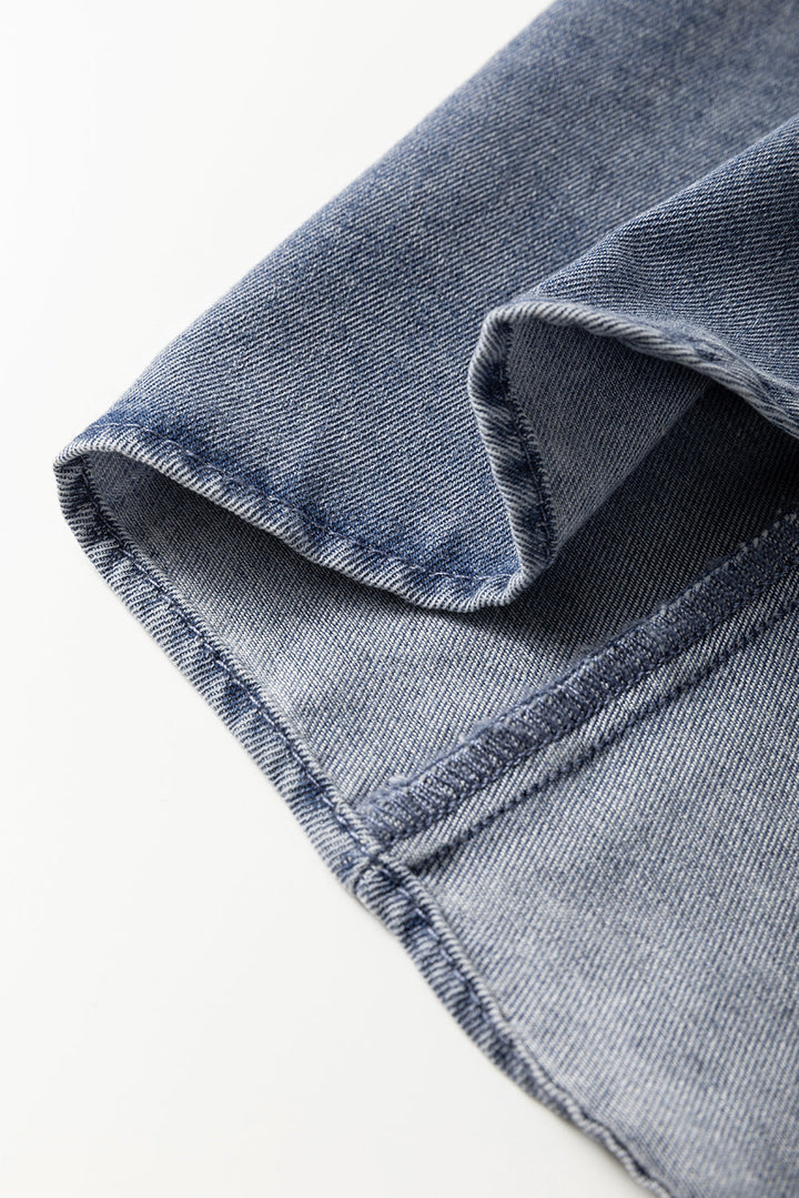 V Neck Ruffled Short Puff Sleeve Denim Top