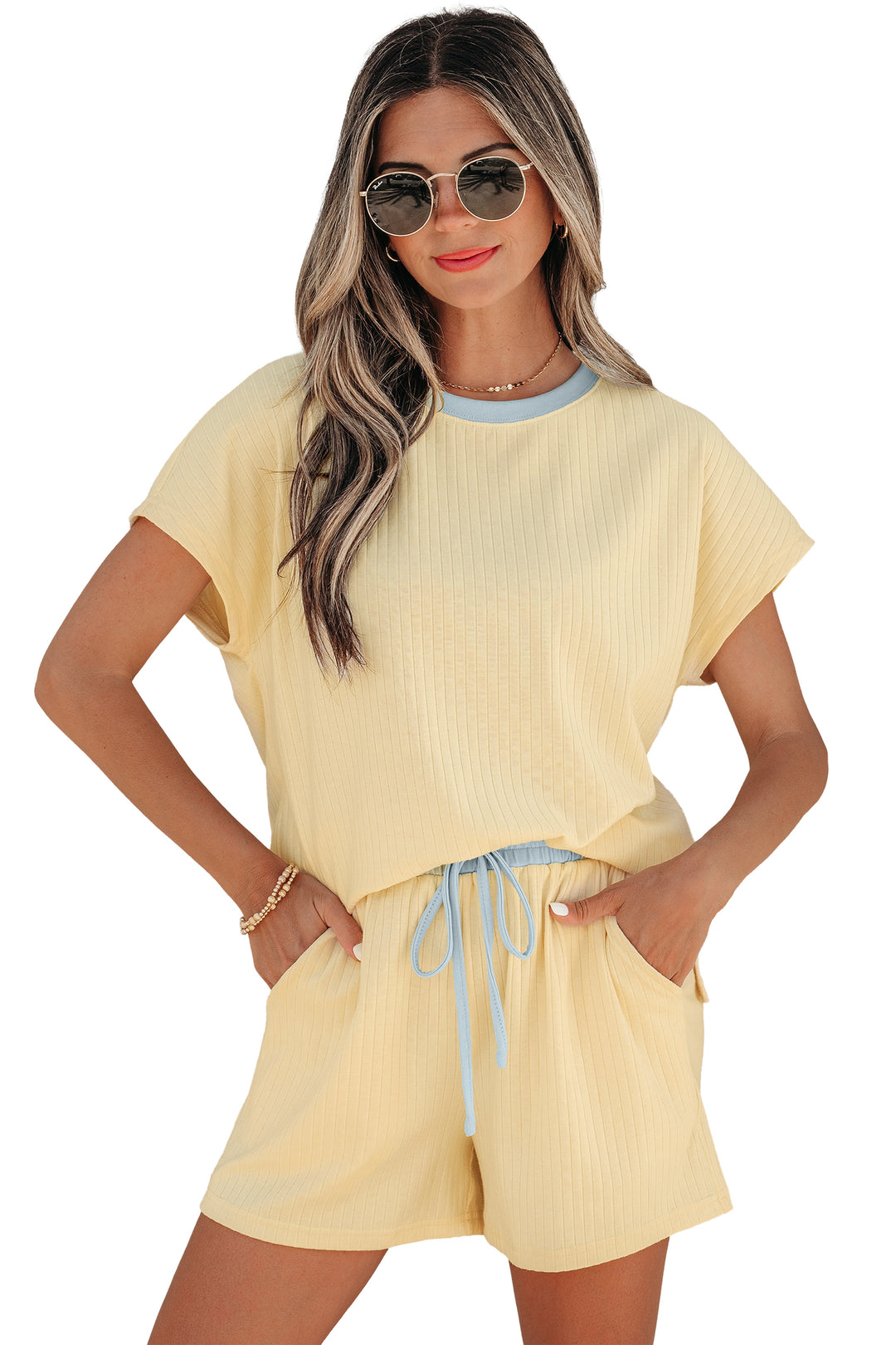 Yellow Cream Soft Ribbed Color Block Trim Casual Short Set