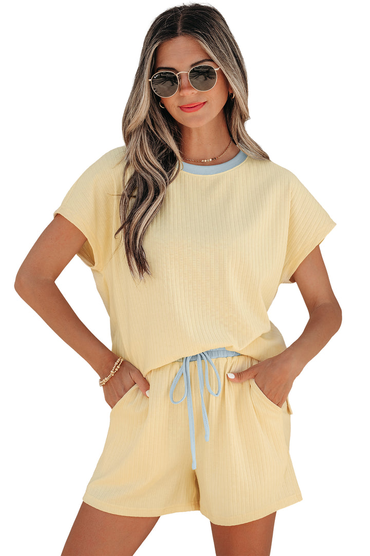 Yellow Cream Soft Ribbed Color Block Trim Casual Short Set