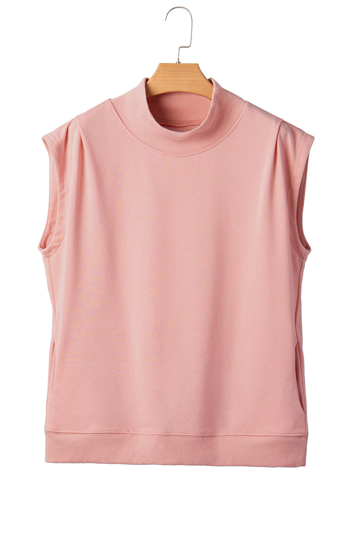 Pink Solid Color High Neck Cap Sleeve Loose Top