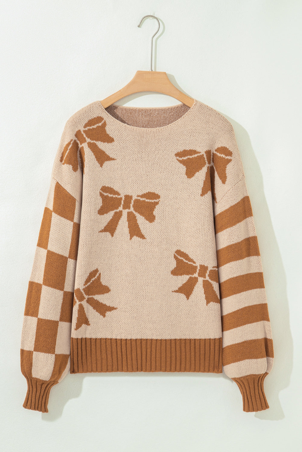 Ribbon Bow Print Checkered Striped Sleeve Drop Shoulder Sweater