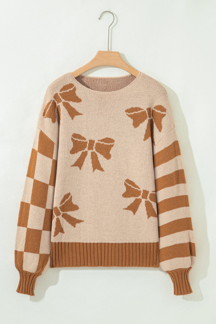Ribbon Bow Print Checkered Striped Sleeve Drop Shoulder Sweater