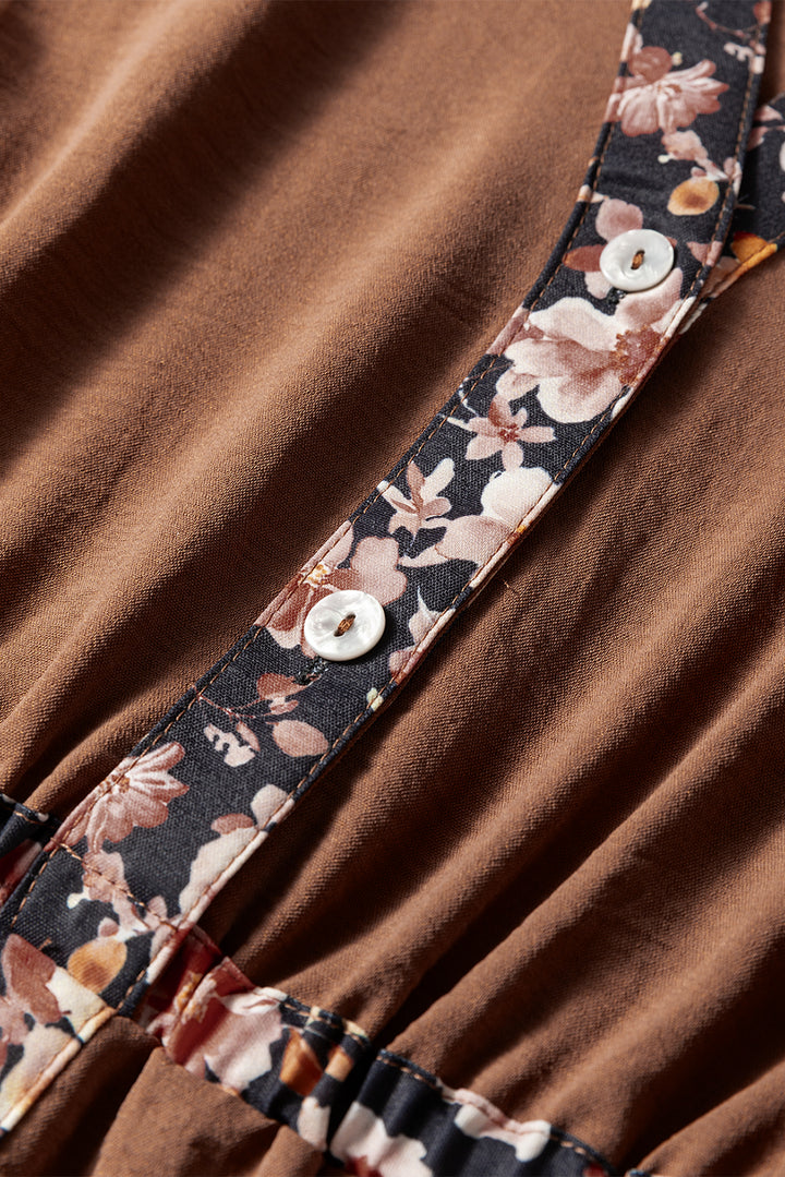 Floral Patchwork Detail Notched Neck Long Sleeve Maxi Dress