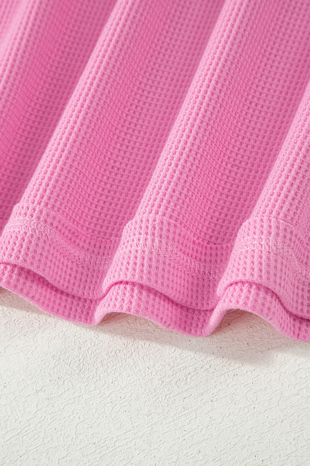 Pink Solid Color Raw Seam Waffled Patchwork Casual T Shirt