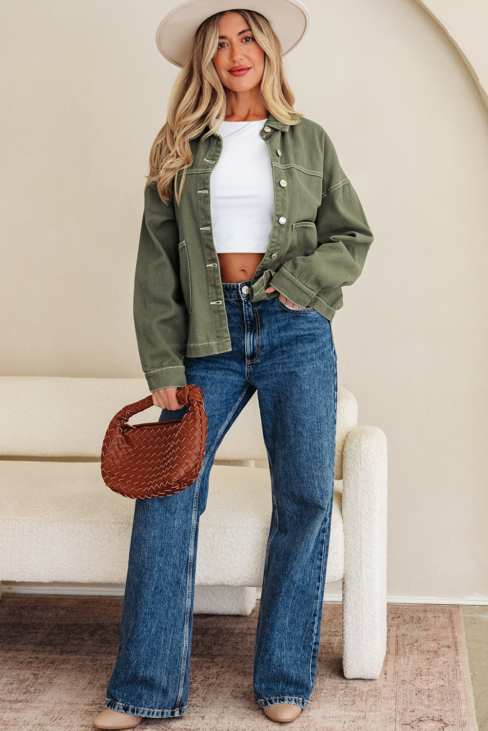 Patched Pocket Collared Button Front Boyfriend Denim Jacket