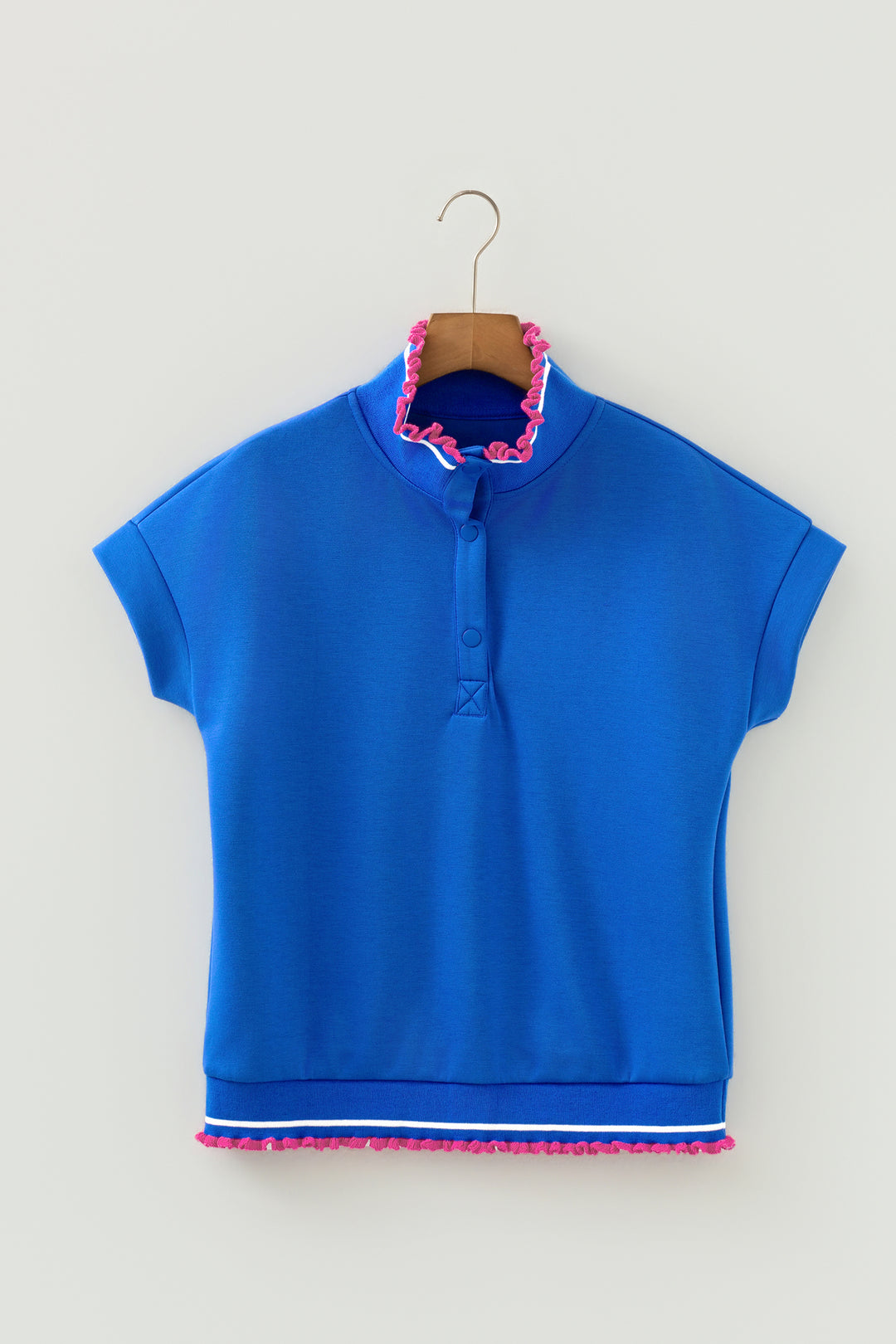 Contrast Frilled Trim Button Collared Short Sleeve Knit Top