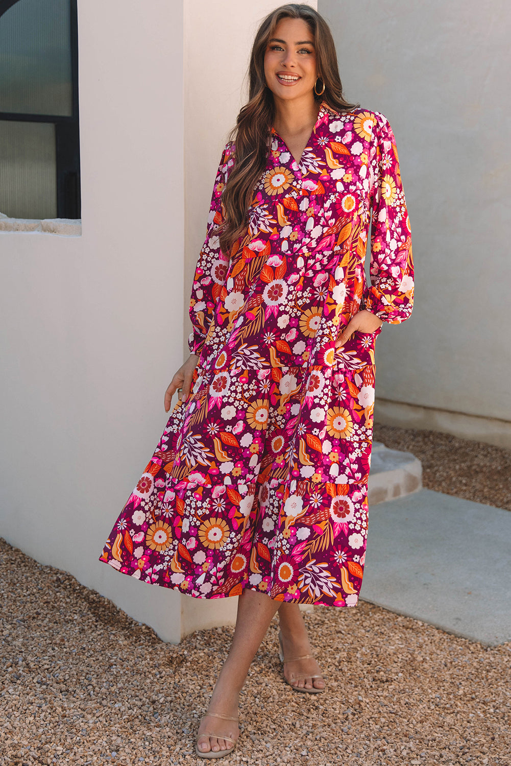 Collared Tiered Flowy Long Dress