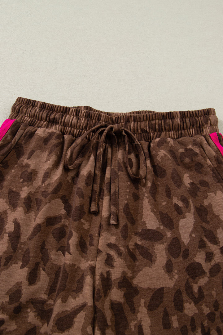 Brown Contrast Striped Accent Leopard Short Set