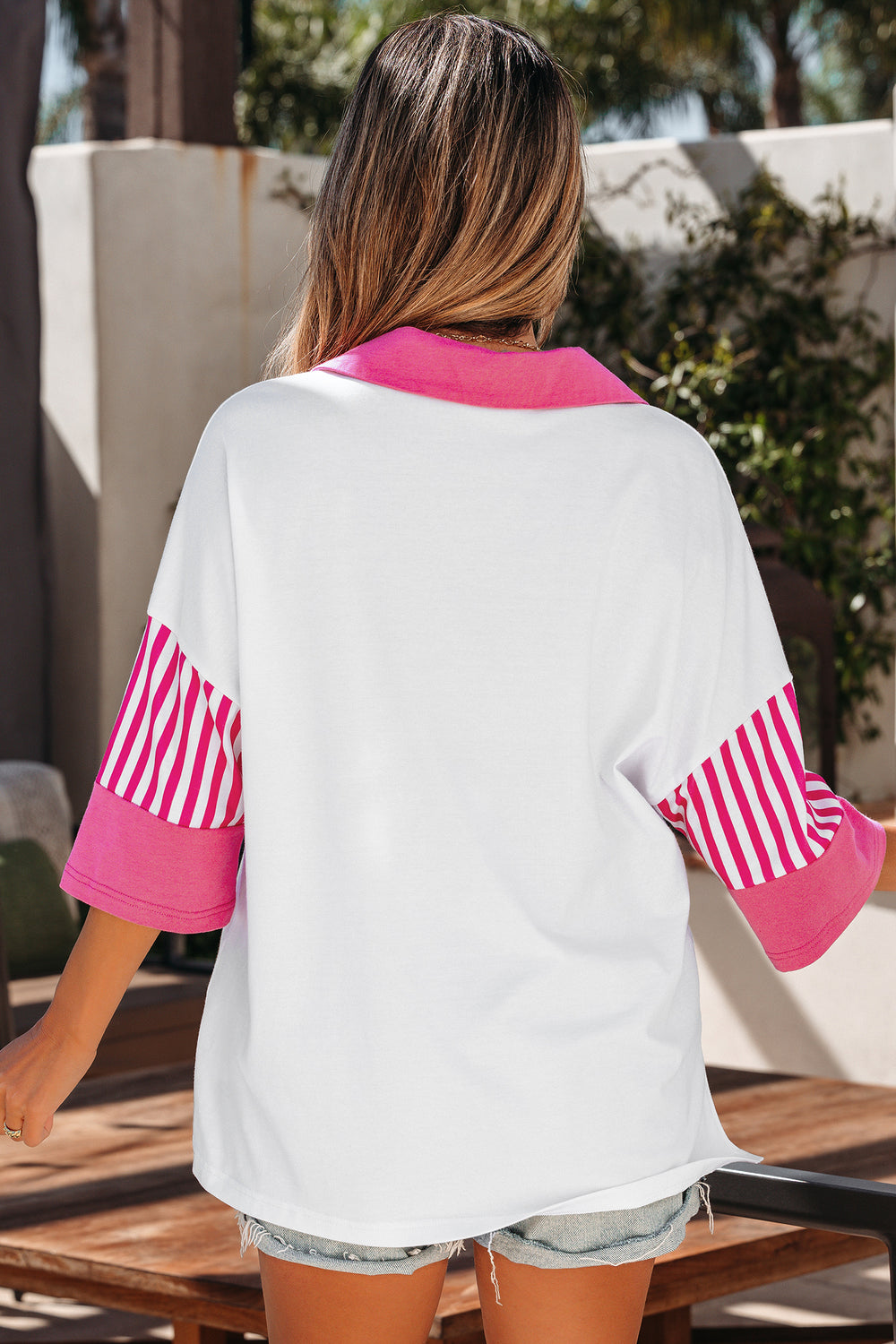 Striped Color Block Patchwork Polo Collar Half Sleeve T Shirt
