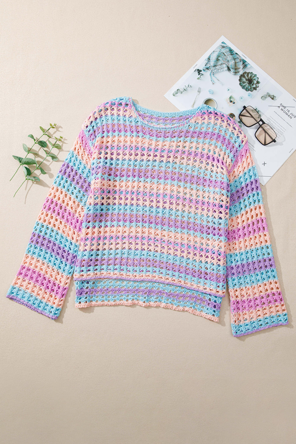 multi stripe open knit sweater beach cover up 2