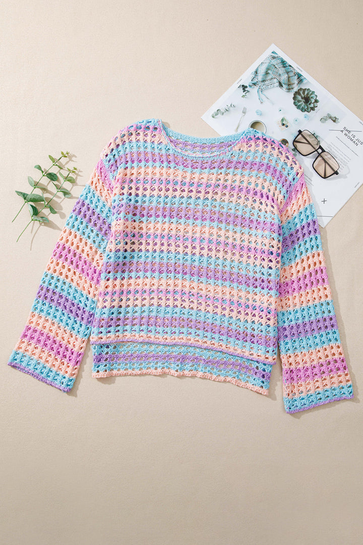 multi stripe open knit sweater beach cover up 2
