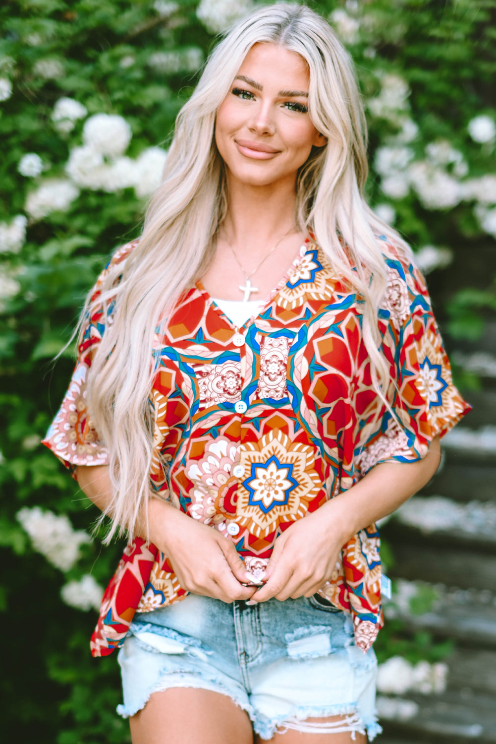 Floral Print Batwing Sleeve V Neck Blouse