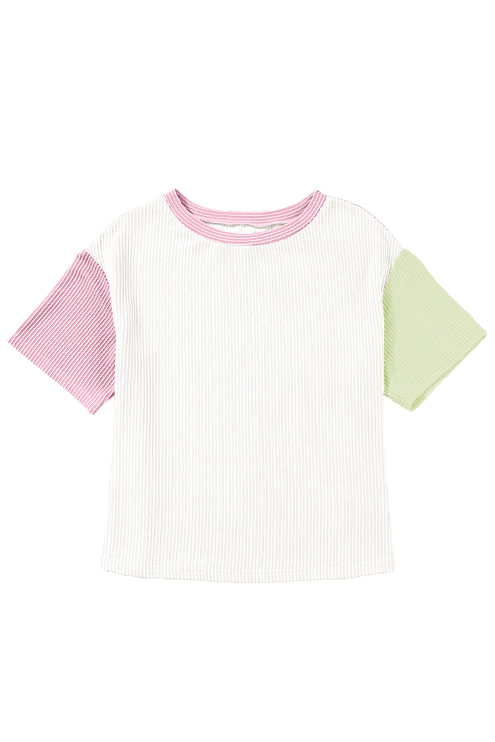 White Corded Colorblock Crewneck Tee