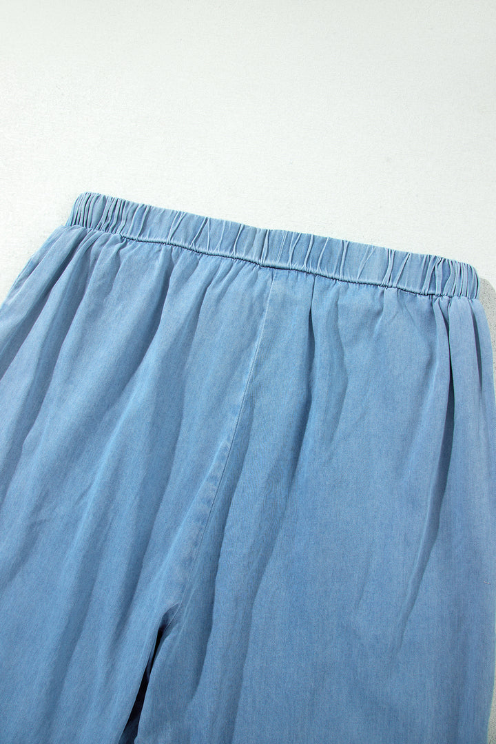 Casual Beau Blue Ruffled Hem Wide Leg Chambray Pants