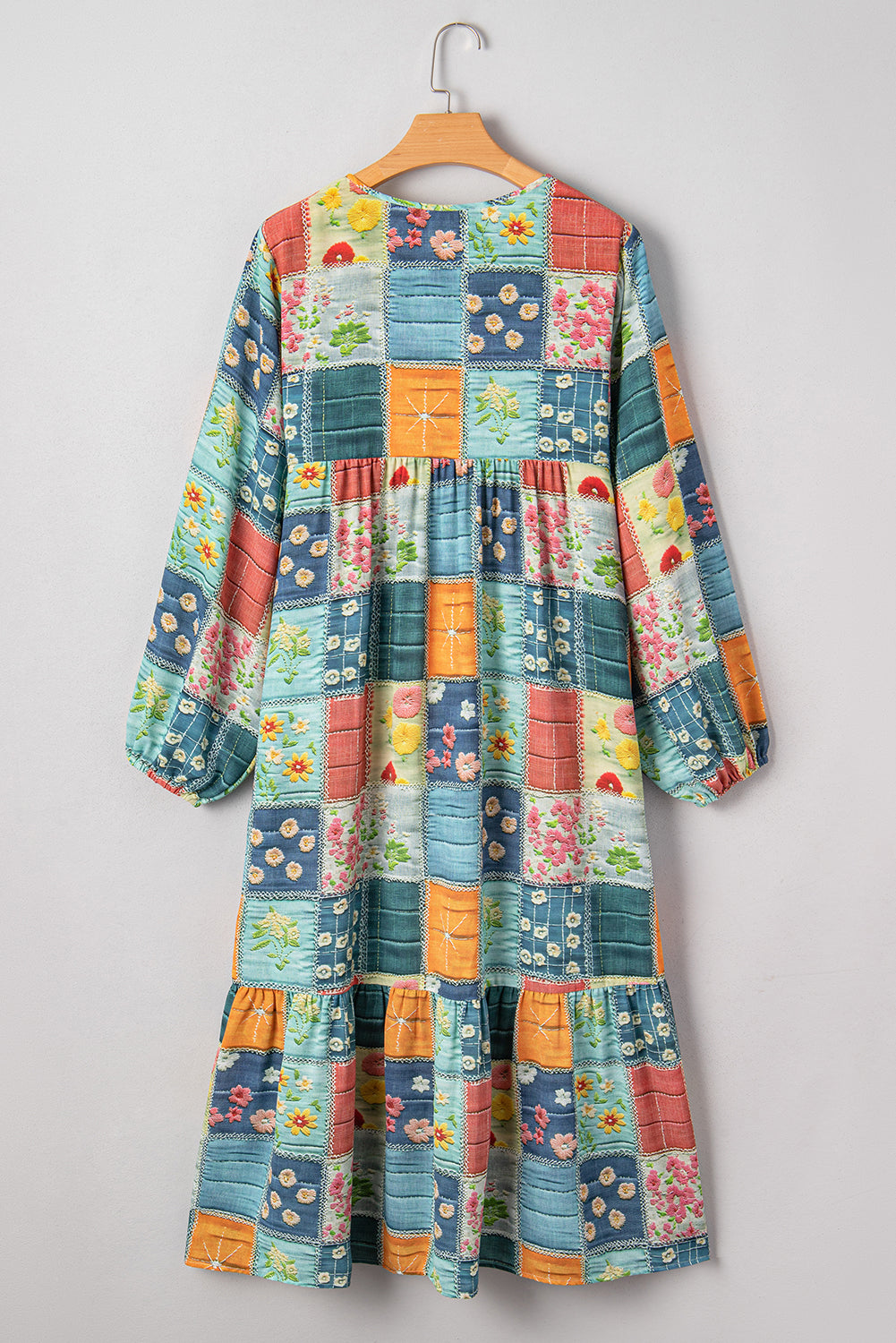 Mix Floral Checkered Pattern Bubble Sleeve Ruffle Hem Dress