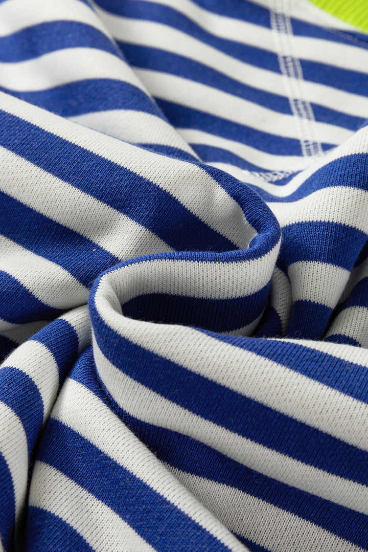 Striped Contrast Ribbed Trim Crossed Stitch Drop Shoulder Sweatshirt