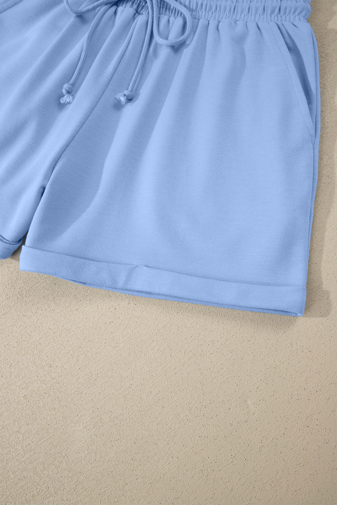 Sky Blue Collared V Neck Tee Drawstring Elastic Waist Shorts 2pcs Outfit