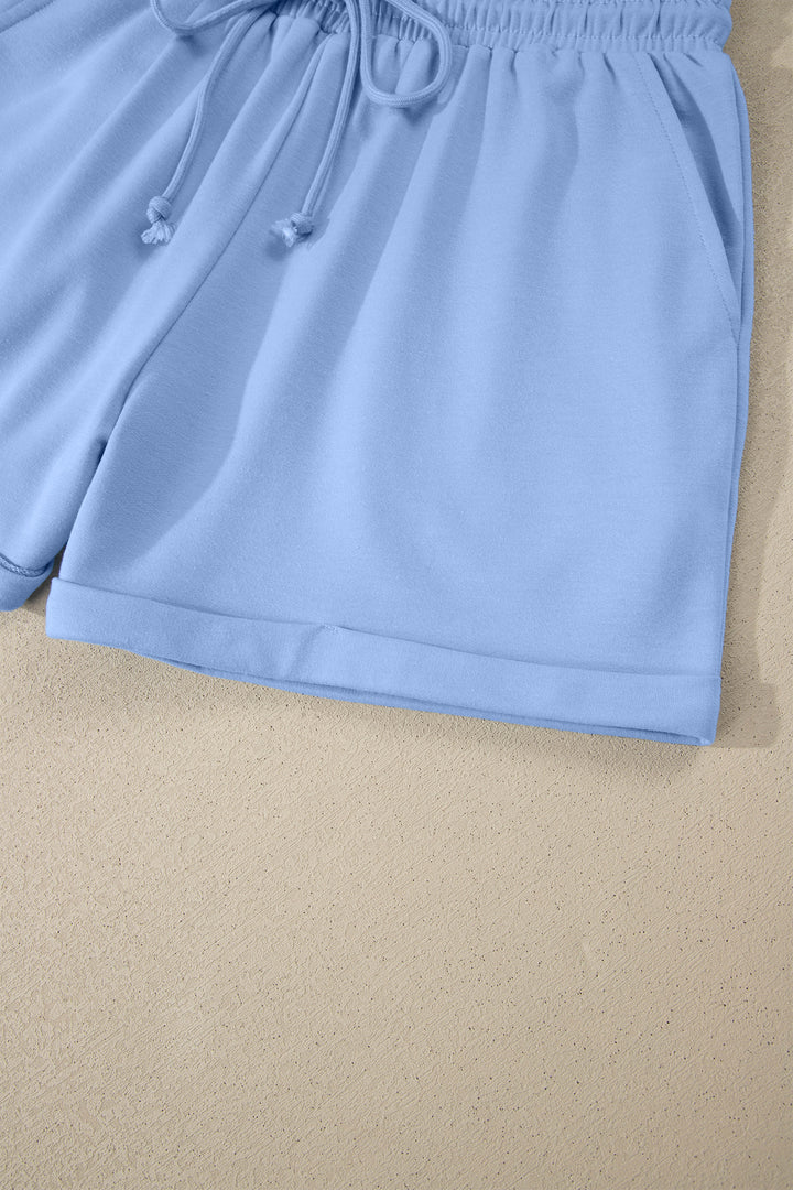 Sky Blue Collared V Neck Tee Drawstring Elastic Waist Shorts 2pcs Outfit