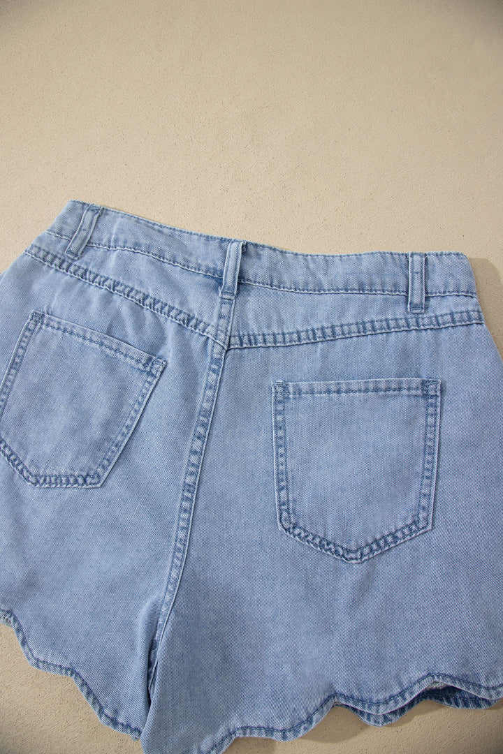 Myosotis Solid Color Scalloped Trim Casual Denim Shorts