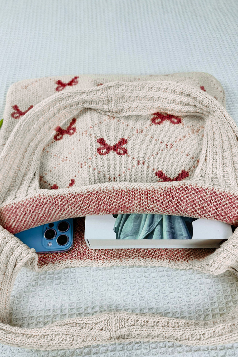 Bow Argyle Pattern Cable Knit Handle Tote Bag