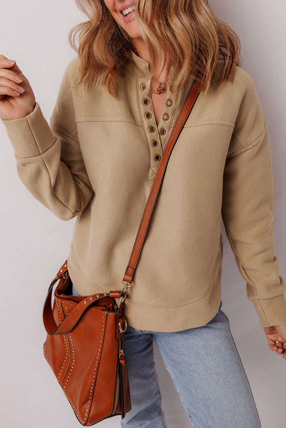 Grommet Detail V Neck Sweatshirt