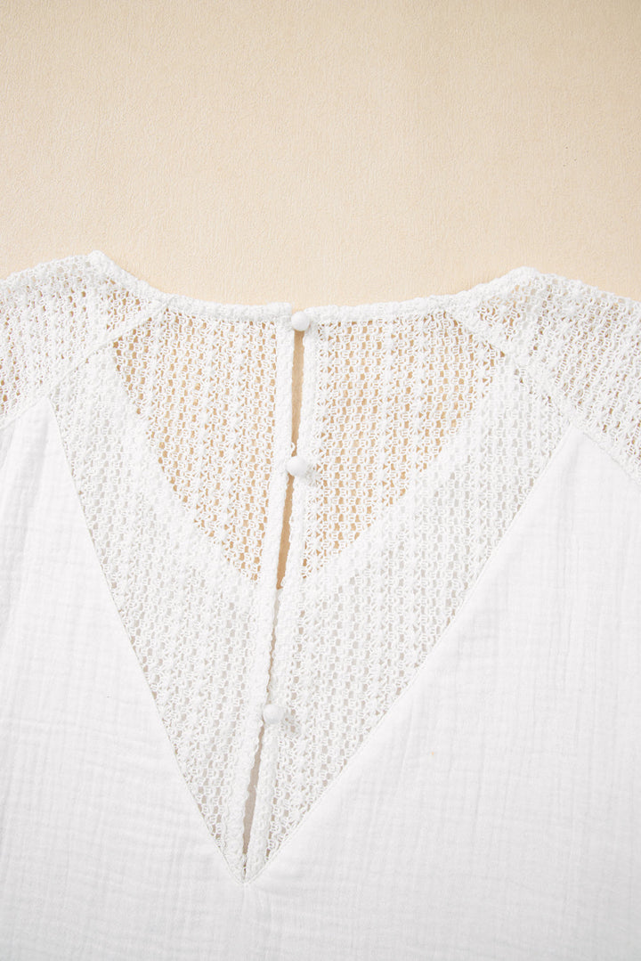 Lace Crochet Textured Button Back V Neck T Shirt