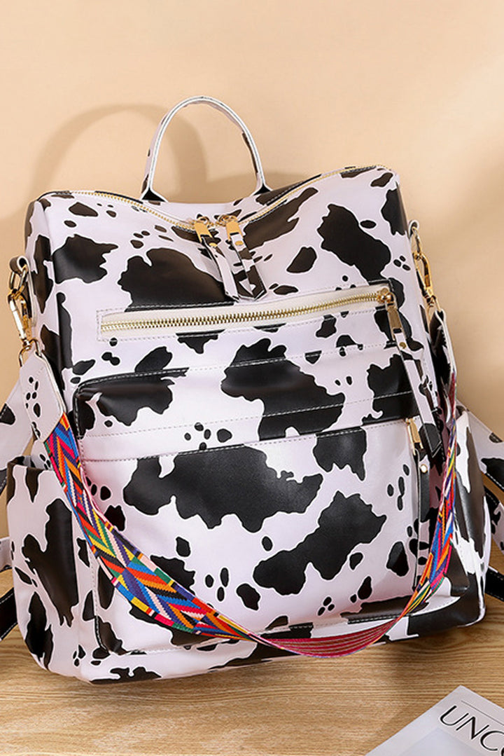 Rucksack aus PU-Leder mit mehreren Fächern und Kuh-Print
