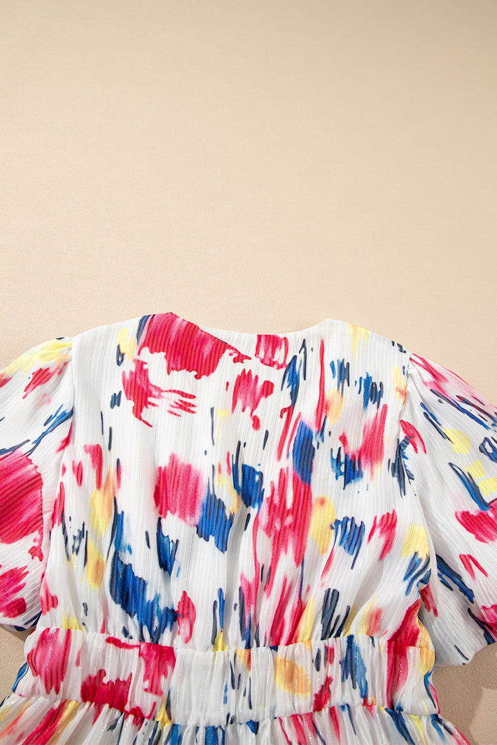 Abstract Print Short Puff Sleeve Tiered Maxi Dress