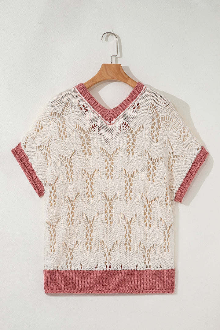 Embroidered Flowers Colorblock Edge Hollowed Sweater