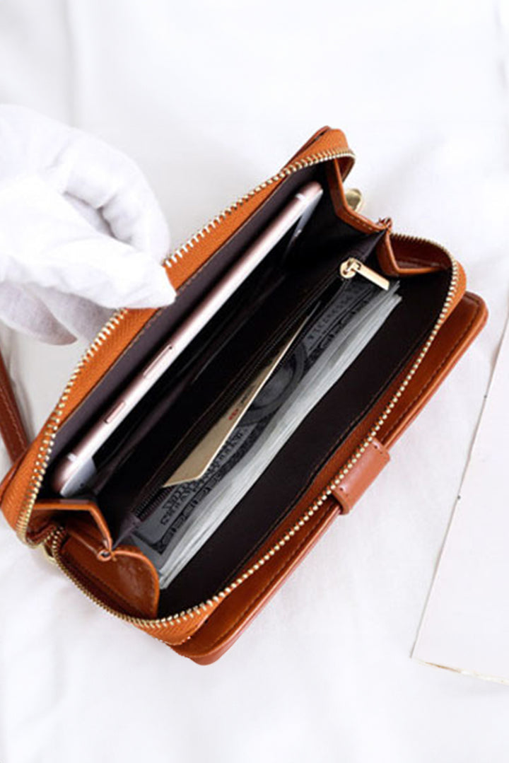 Faux Leather Zip Around Wrist Strap Long Wallet
