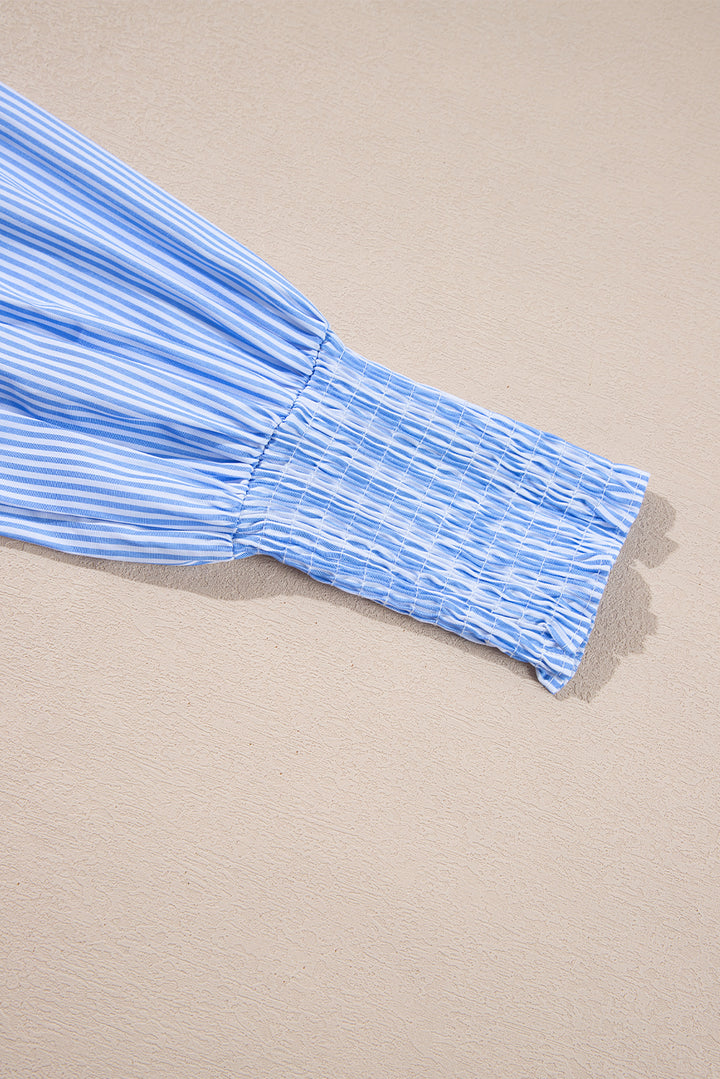 Sky Blue Stripe Pinstripe Smocked Cuffs Button Shirt Collar Blouse