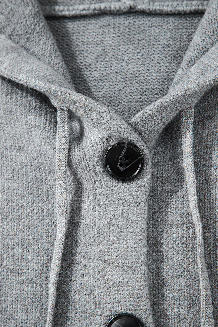 Medium Grey Drawstring Hooded Button Up Drop Shoulder Sweater Cardigan