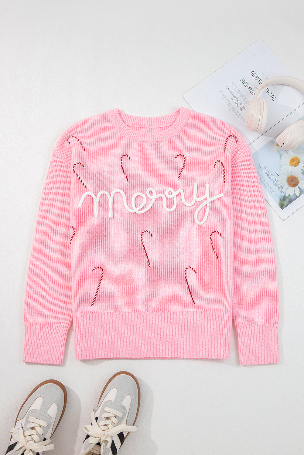 Merry Candy Cane Puffy Knit Crew Neck Sweater