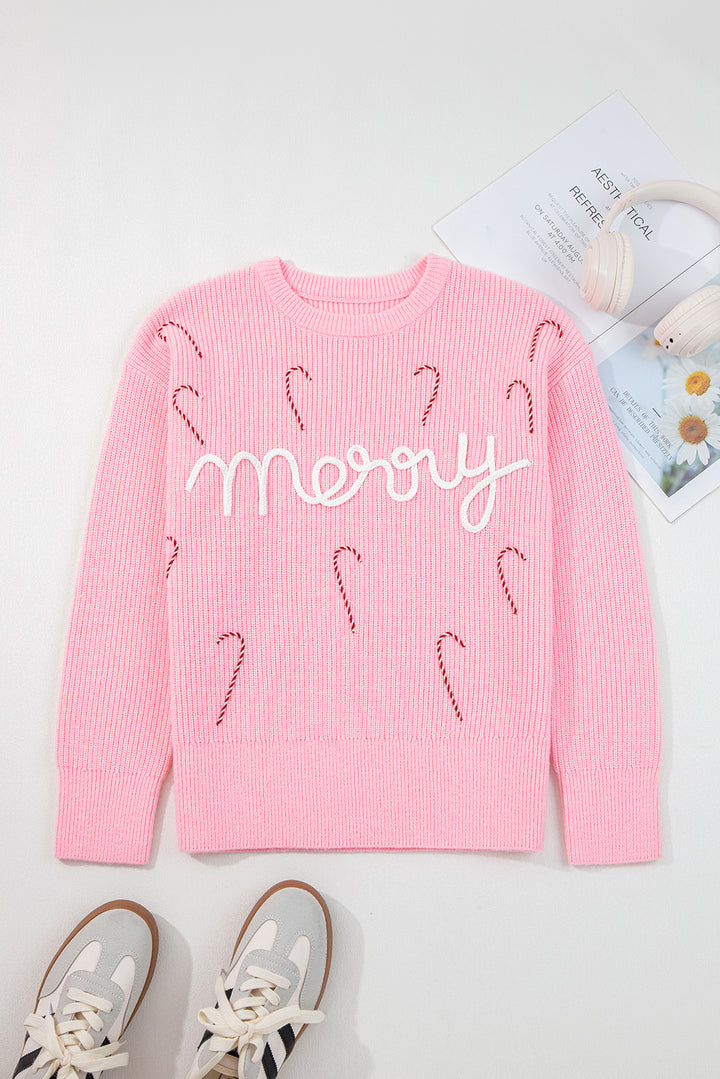 Merry Candy Cane Puffy Knit Crew Neck Sweater