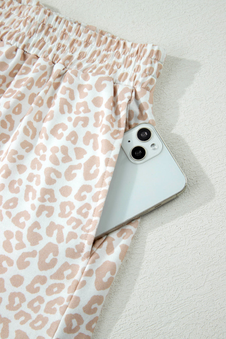 Beige Leopard Zip Polo Top 2pcs Short Set