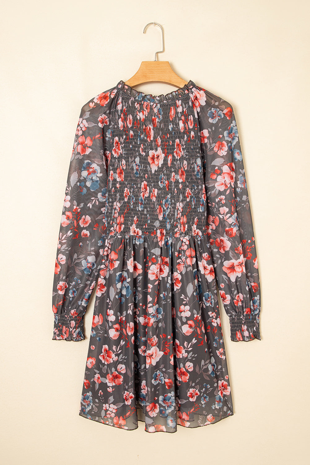 Frilly Smocked Bodice Floral Mesh Long Sleeve Mini Dress