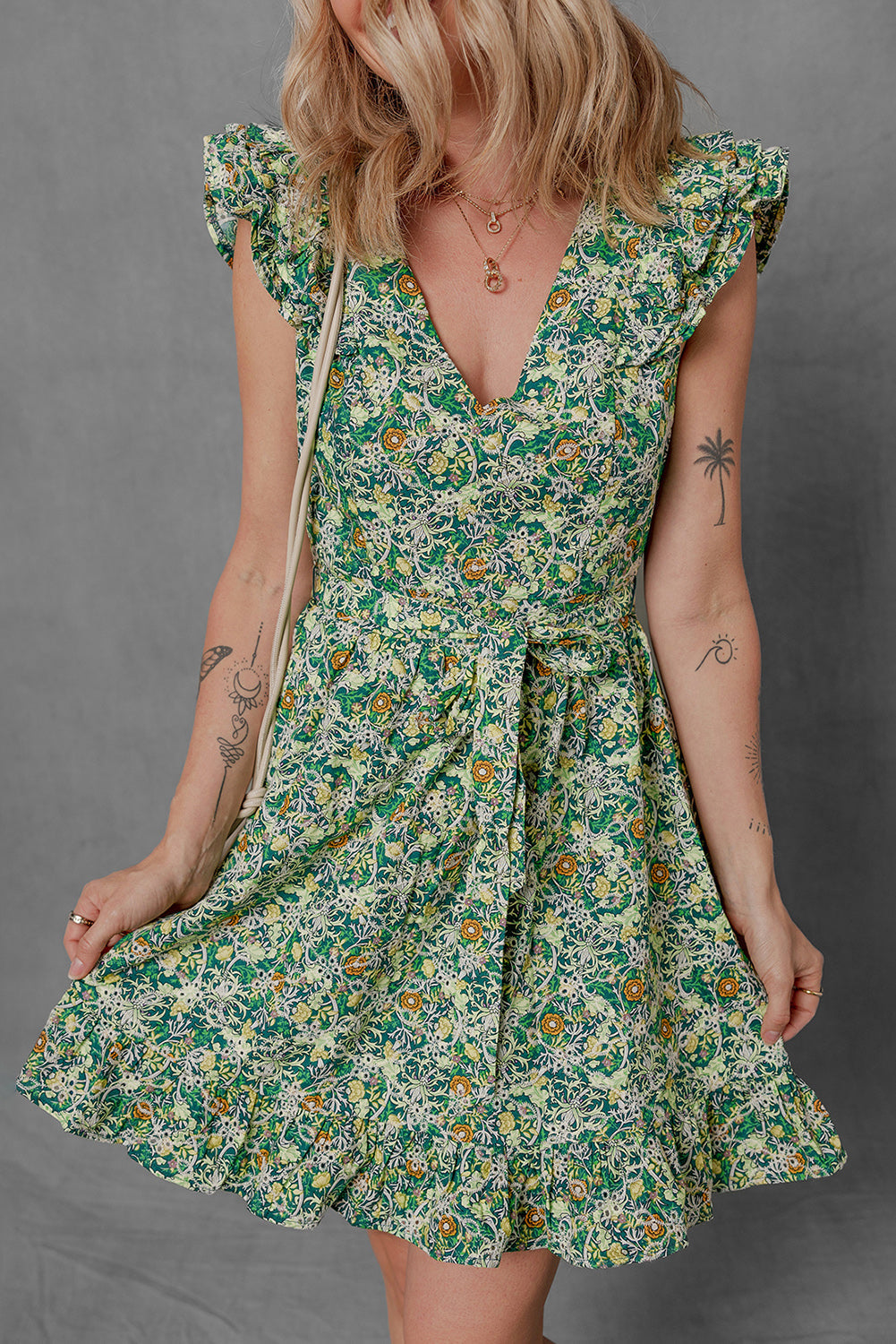 Flower Print Flutter Sleeve V Neck Sashed Ruffled Mini Dress