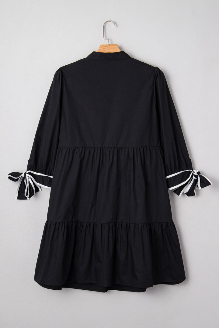 Black Contrast Trim Knot Cuffs Plus Size V Neck Mini Dress