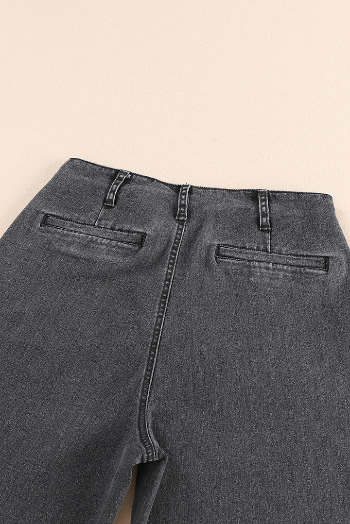Gray High Waist Button Front Wide Leg Cropped Jeans