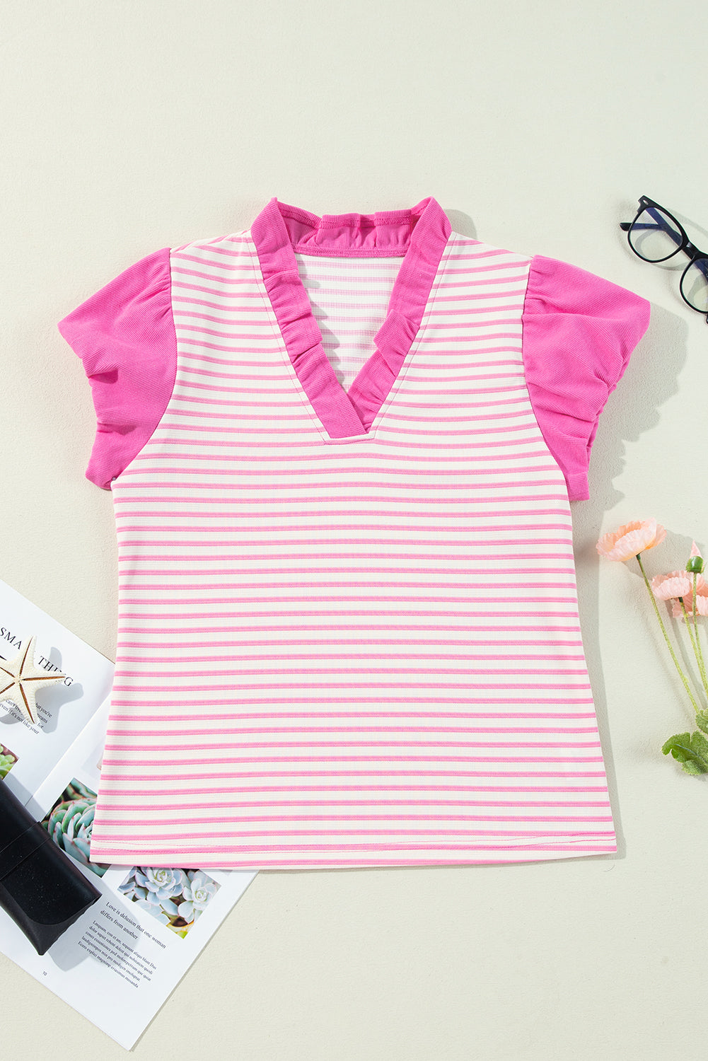 Ruffled V Neck Cap Puff Sleeve Top