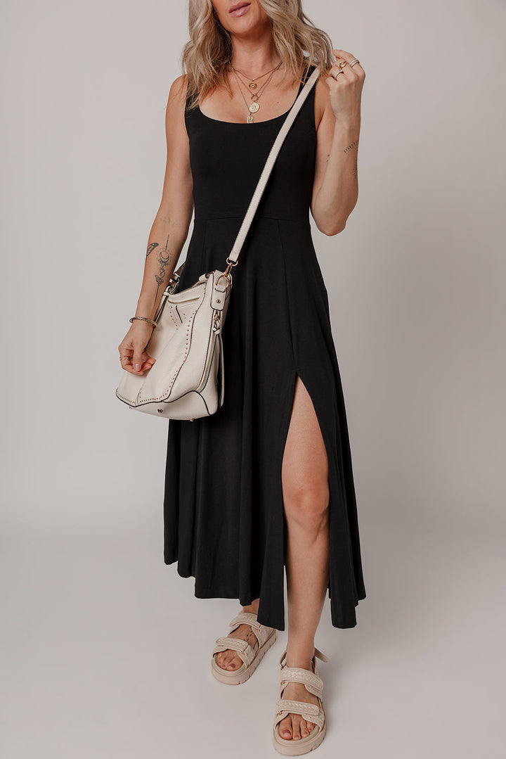 Sleeveless Scoop Neck Flared Split Midi Dress