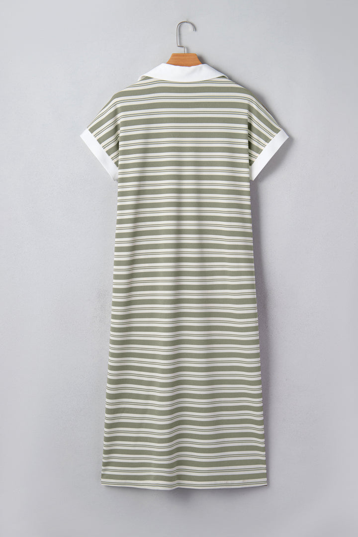 Collared V Neck Short Sleeve T Shirt Midi Dress with Pockets