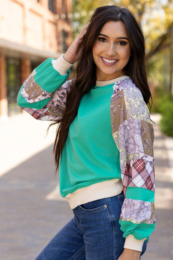Plaid Vintage Paisley Patchwork Long Sleeve Raglan Top