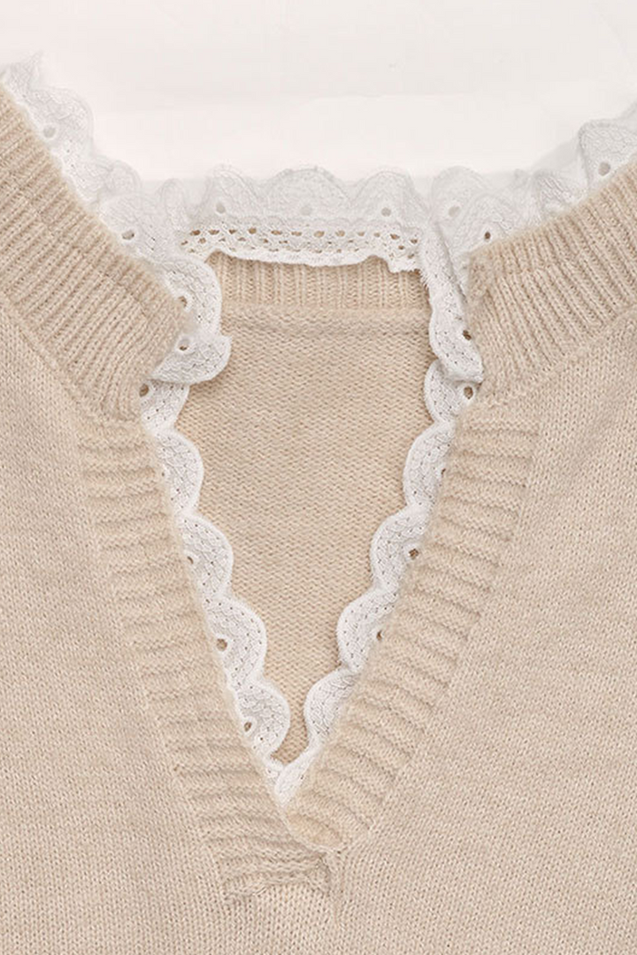 Smoke Gray Heart Print Lace Splicing V Neck Valentines Sweater
