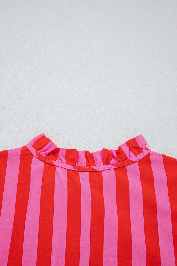 Red Stripe Half Button Puff Sleeve Loose Mini Dress
