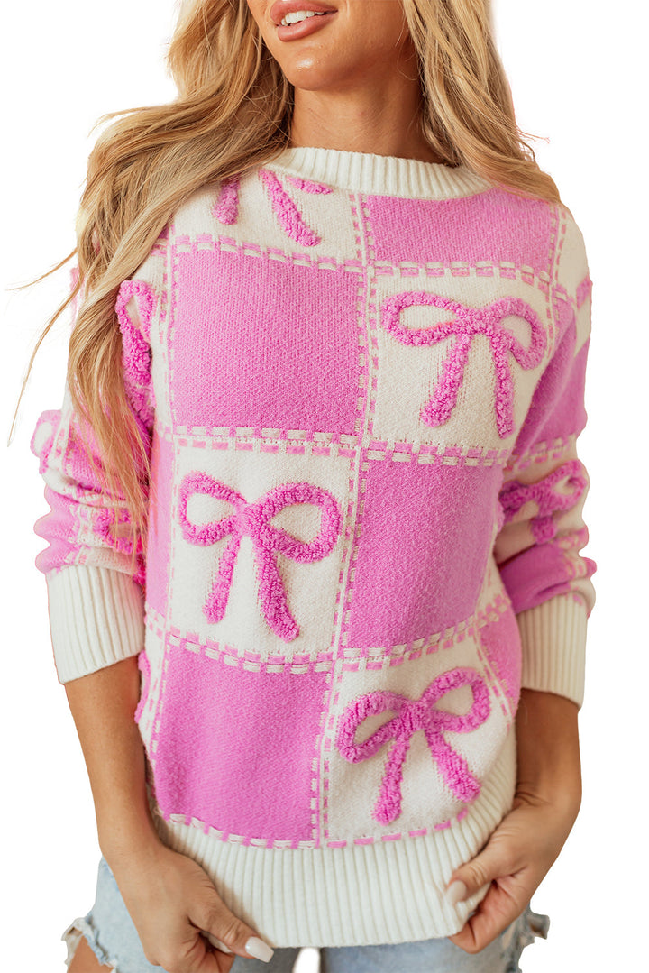 Bow Knot Two Tone Checkered Crew Neck Sweater