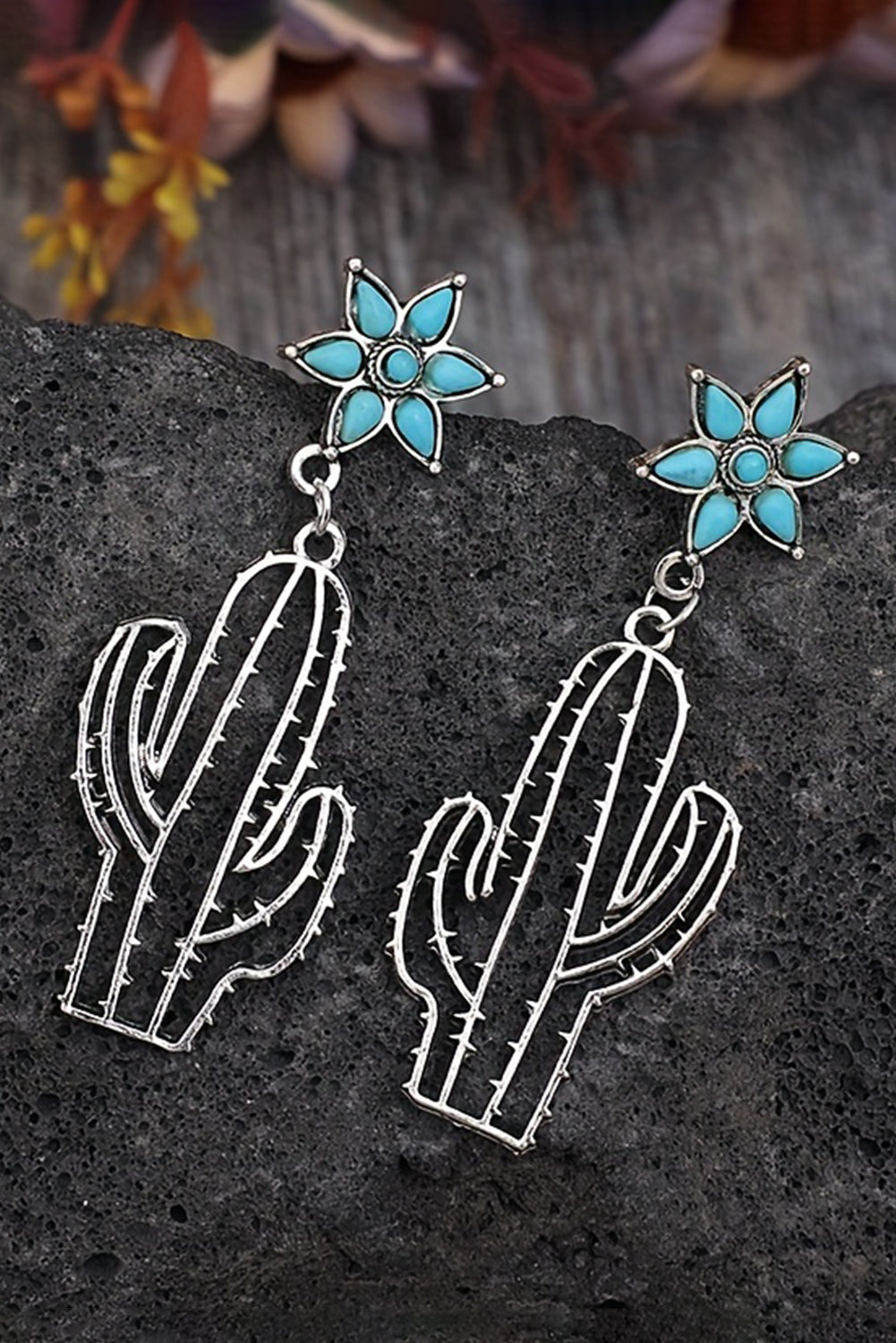 Boucles d'oreilles pendantes en forme de cactus et de fleurs turquoise occidentales