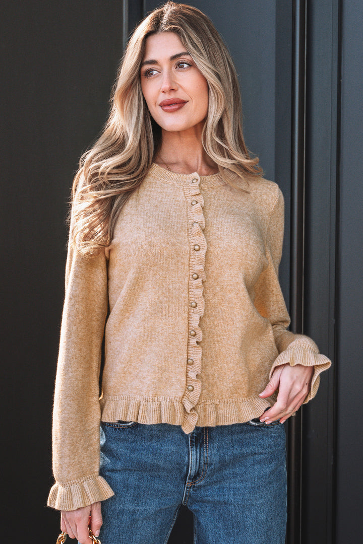 Ruffle Trim Gold Button Sweater Cardigan